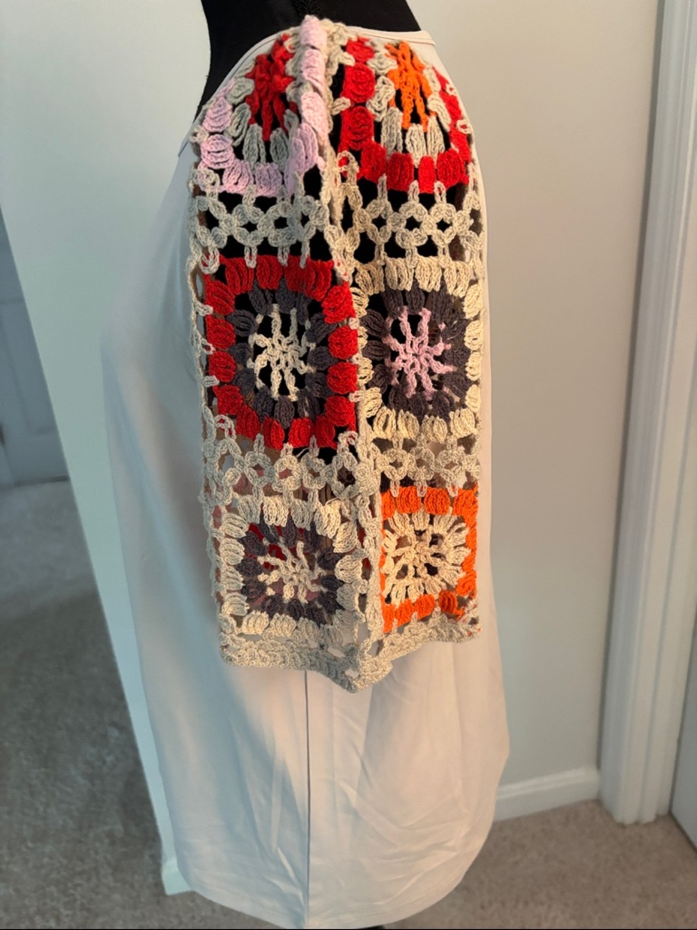 Relaxed Cream colored Women's Top with Multicolor Crochet Sleeves - Picture 5 of 6